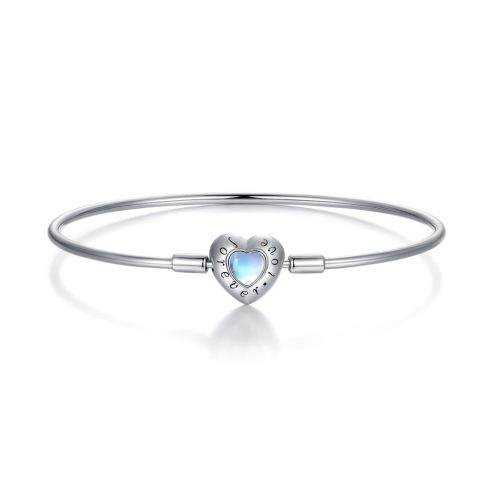 S925 ezüst merev bangle karkötő opálfényű szív csattal és Forever Love gravírozással