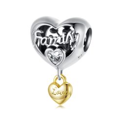 ezüst szív charm family felirattal és arany love függővel pandora kompatibilis