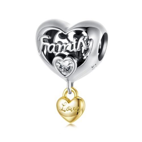 ezüst szív charm family felirattal és arany love függővel pandora kompatibilis