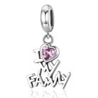 Ezüst “I love my family” charm rózsaszín szívkővel, Pandora kompatibilis karkötőhöz.
