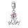 Ezüst “I love my family” charm rózsaszín szívkővel, Pandora kompatibilis karkötőhöz.