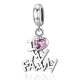 Ezüst “I love my family” charm rózsaszín szívkővel, Pandora kompatibilis karkötőhöz.