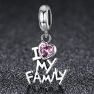 Rózsaszín kristályos szívvel díszített ezüst “I love my family” medál, Pandora kompatibilis.