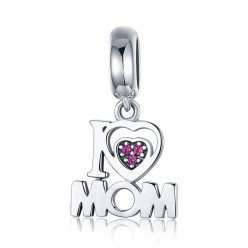 Ezüst “I love mom” charm rózsaszín kristályos szívvel, Pandora kompatibilis karkötőhöz.
