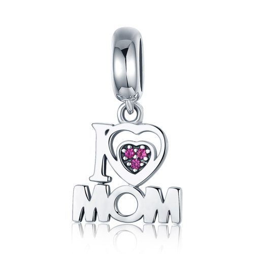 Ezüst “I love mom” charm rózsaszín kristályos szívvel, Pandora kompatibilis karkötőhöz.
