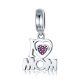 Ezüst “I love mom” charm rózsaszín kristályos szívvel, Pandora kompatibilis karkötőhöz.