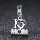 Nyitott szívvel és rózsaszín kövekkel díszített “I love mom” medál, Pandora kompatibilis ékszerhez.