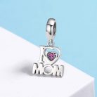 Rózsaszín kristályos szívvel készült ezüst “I love mom” charm, Pandora kompatibilis karkötőre.