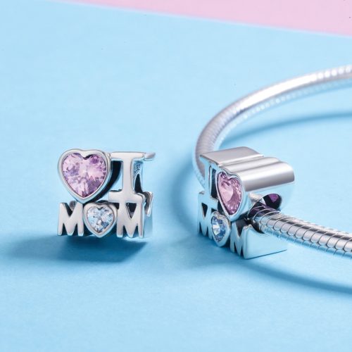 Két darab Pandora kompatibilis ezüst anyák napi charm kék alapon, kígyólánc karkötővel.